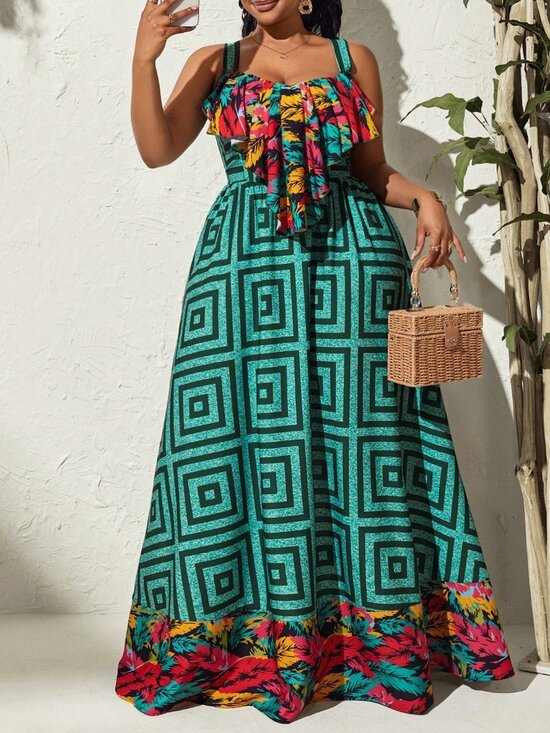 MODA ME COUTURE Dresses & Skirts - Green Boho Women's Plus Size Geometric Tropical Print V-Neck Pleated Dress